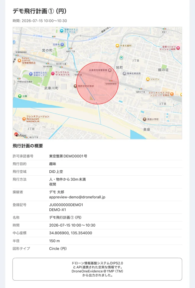 飛行計画をPDFに出力した1枚。地図と計画の概要が入っている