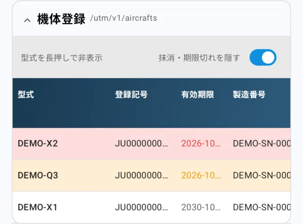 機体登録の表。1行目は赤い背景（有効期限が赤字）、2行目は黄色い背景、3行目は白い背景。表の上のバーに「型式を長押しで非表示」と「抹消・期限切れを隠す」のスイッチ。