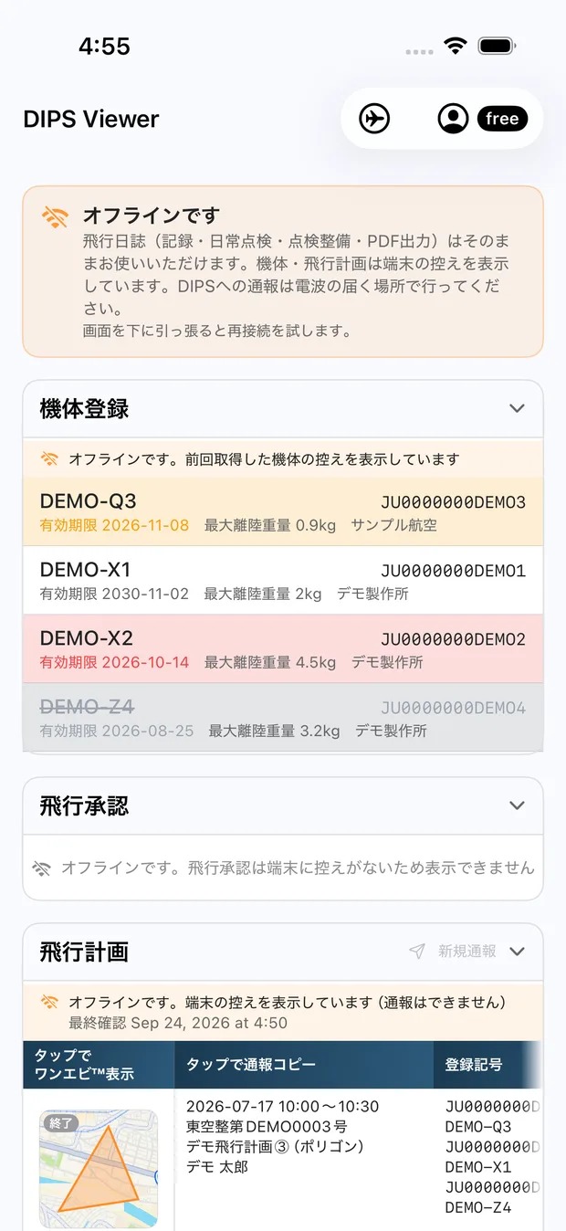 圏外のダッシュボード。最上部にオレンジ色の「オフラインです」の帯。機体登録には前回取得した機体の控えが有効期限の色分けつきで並び、飛行承認は控えが無い旨のメッセージ、飛行計画には控えと最終確認日時が出ている。