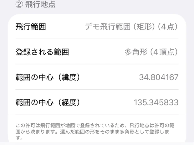個別申請の許可を選んだときの「② 飛行地点」。飛行範囲「デモ飛行範囲（矩形）（4点）」、登録される範囲「多角形（4頂点）」、範囲の中心（緯度）34.804167、範囲の中心（経度）135.345833 が並び、「この許可は飛行範囲が地図で登録されているため、飛行地点は許可の範囲から決まります。選んだ範囲の形をそのまま多角形として登録します。」と書かれている
